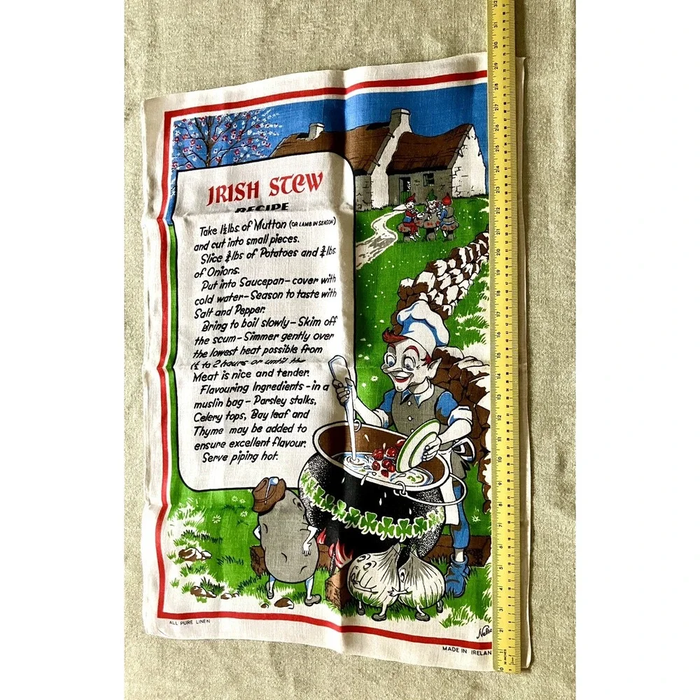 Nelson Pure Linen Tea Towel Irish Stew  Leprechaun Anthropomorphic Potato Onion